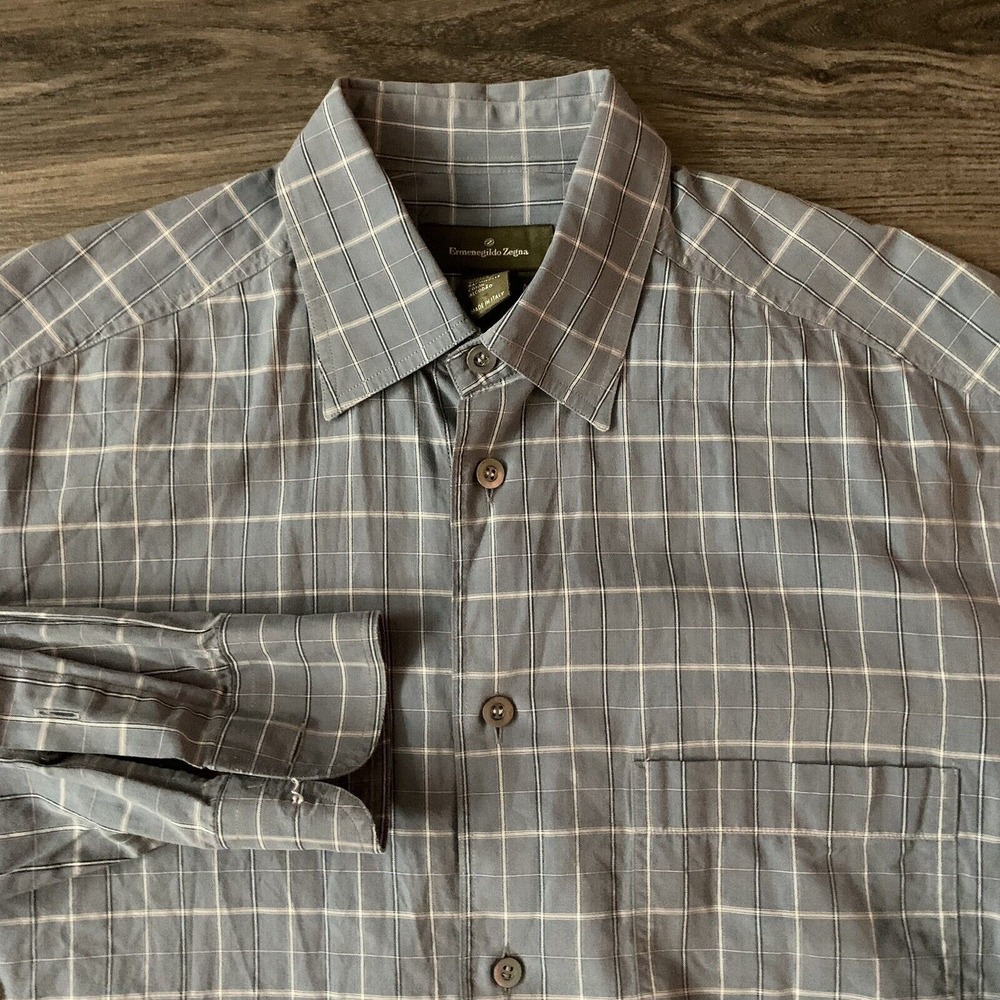 Ermenegildo Zegna Men's Size Medium Gray‎ Check Long Sleeve Cotton Shirt